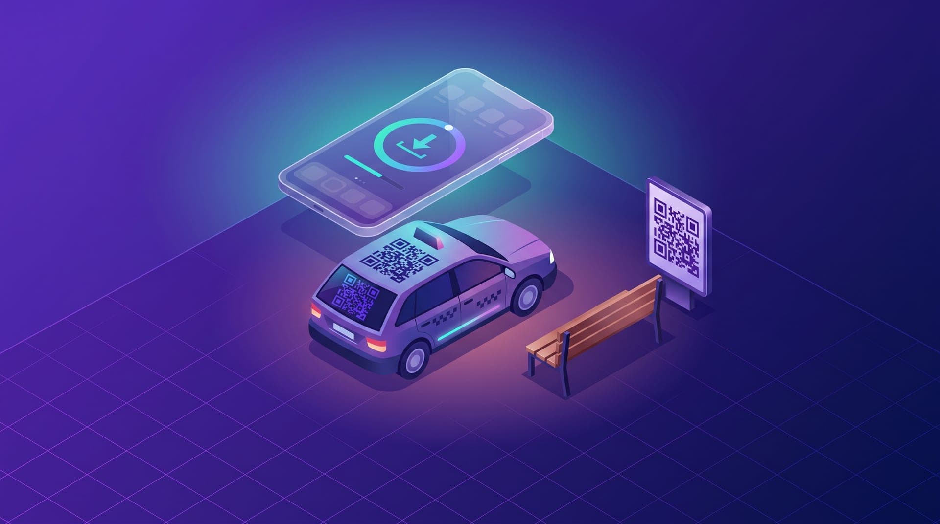Ilustración isométrica de un taxi con un código QR en la ventana, un teléfono con una barra de descarga y un cartel en una parada.