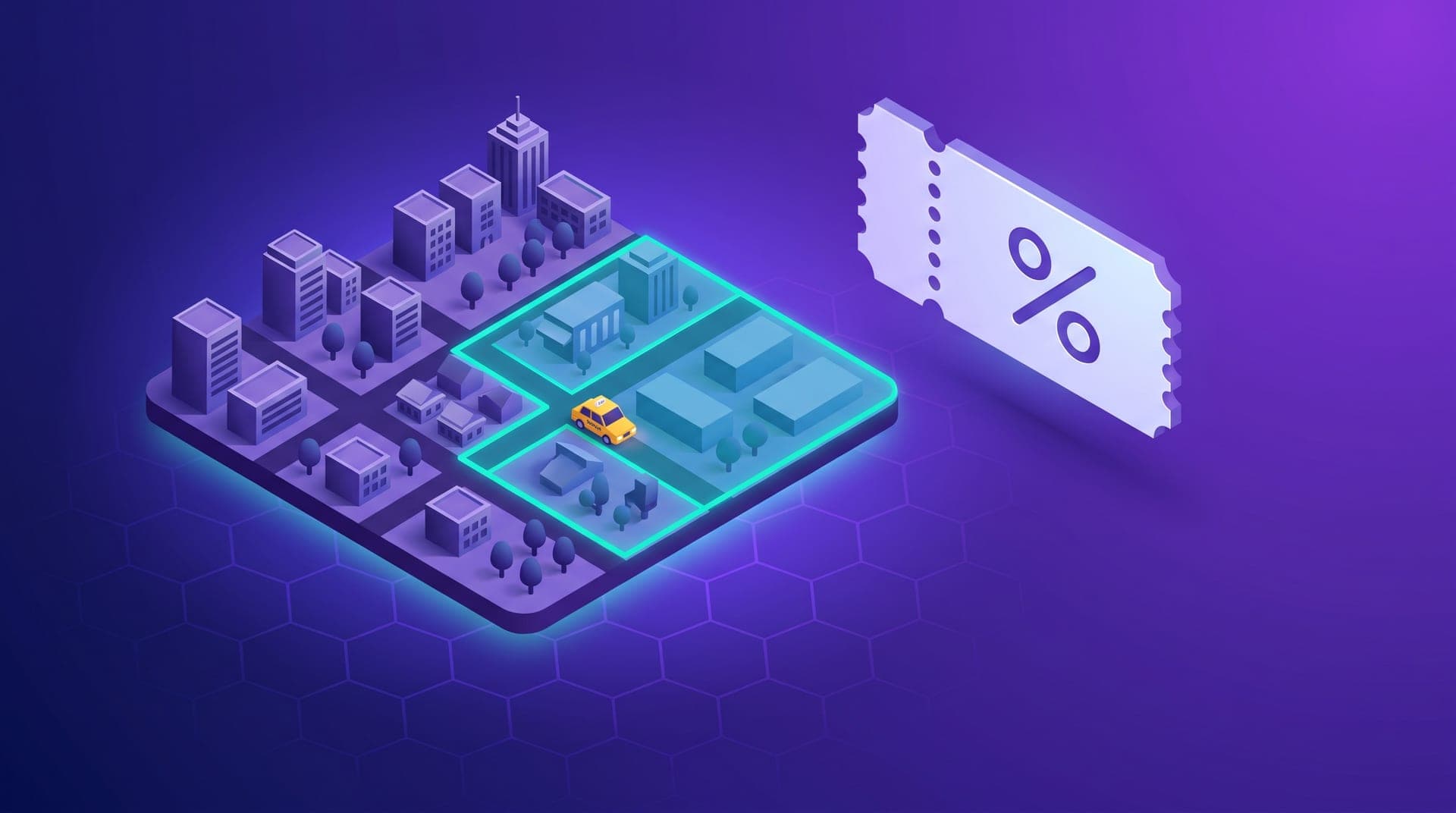 Isometric illustration of a city map with a highlighted zone, a taxi inside it and a floating coupon.