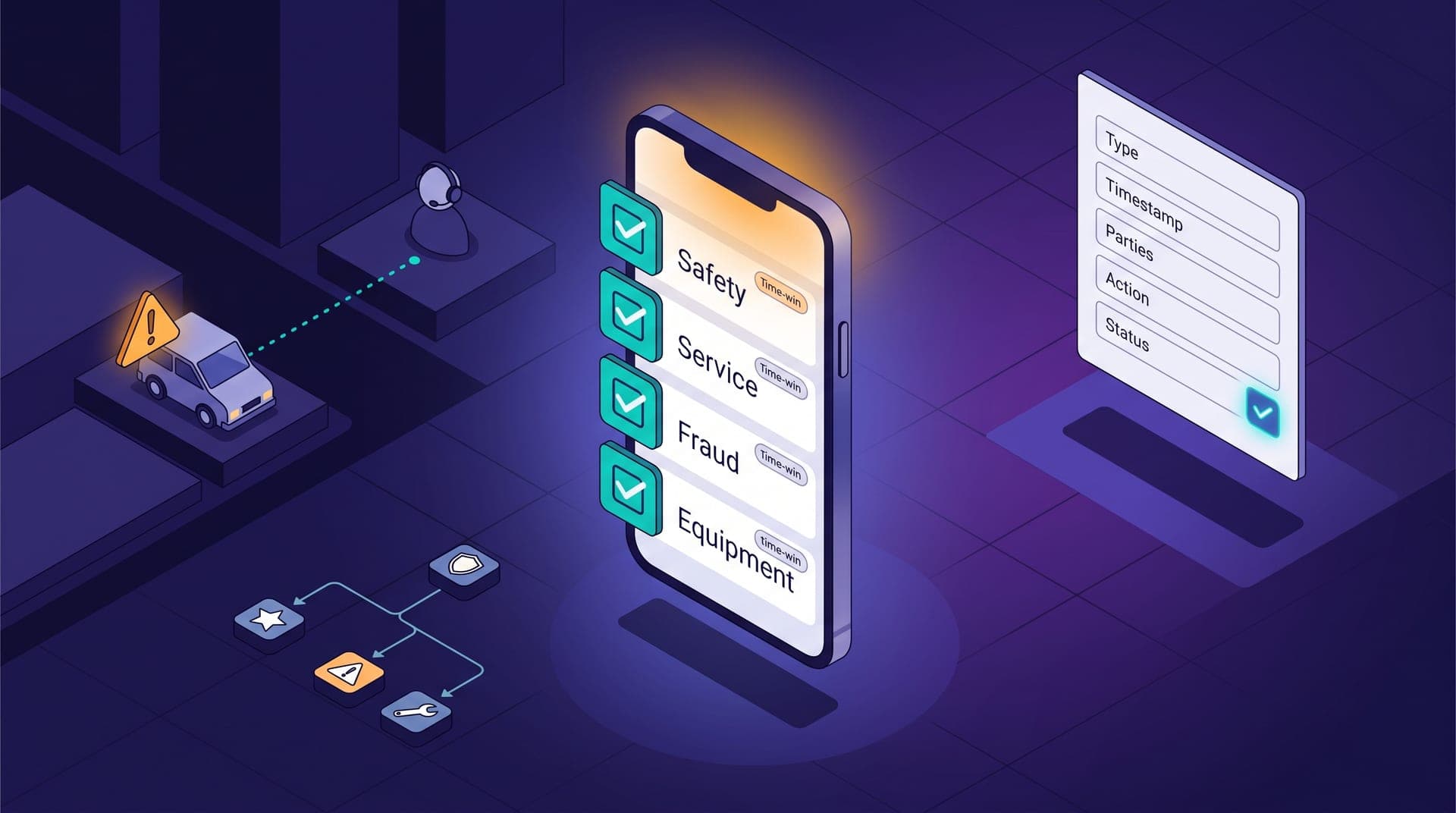 Composición isométrica dividida en tres focos sobre cuadrícula de ciudad nocturna violeta oscuro. Centro: pantalla grande de smartphone flotante con lista de verificación de respuesta a incidentes — cuatro ítems con íconos de casilla teal: Seguridad, Servicio, Fraude, Equipamiento. Izquierda: vehículo conductor en bloque urbano nocturno con triángulo de advertencia ámbar flotando junto al parabrisas y línea punteada de coordinación hacia silueta de coordinador con auriculares. Derecha: panel de documento flotante con cinco campos etiquetados — tipo, hora, partes, acción, estado — campo de estado con palomita teal brillante. Esquina inferior izquierda: diagrama de flujo ramificado con cuatro íconos de categoría: escudo azul, estrella teal, señal de advertencia, llave inglesa.