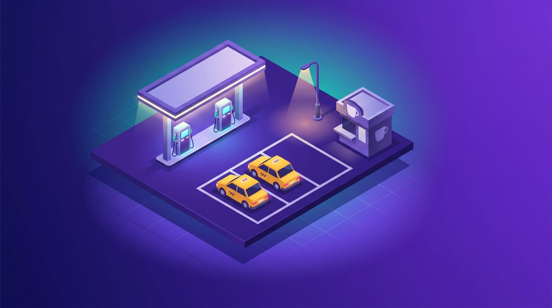 Isometric illustration of a petrol station lit up at night with two taxis parked to one side, a street lamp and a small café.