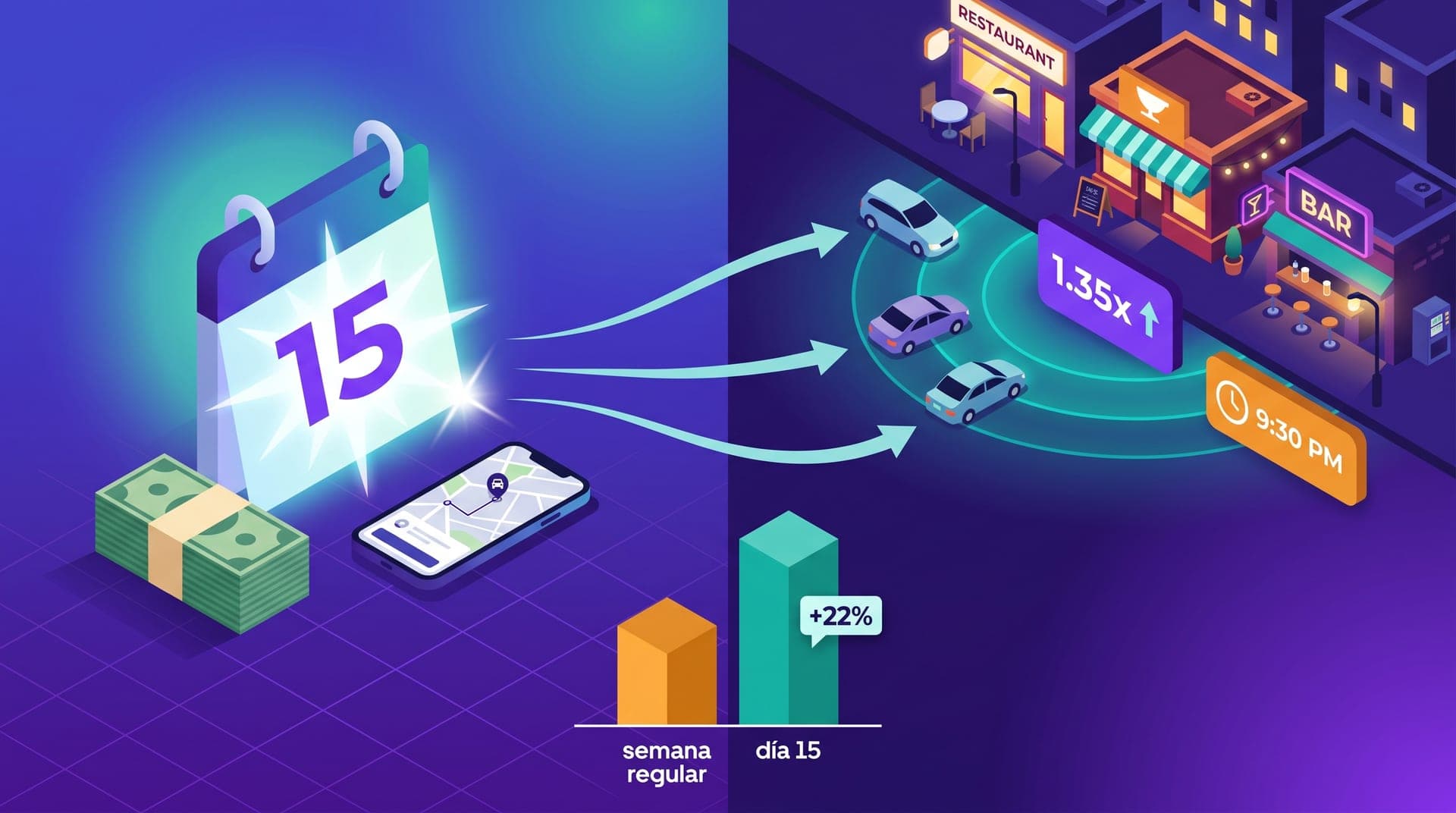 Split isometric illustration. Left: a calendar page with the number 15 highlighted in violet with a starburst, a stack of Mexican peso bills, and a smartphone showing a ride-hailing map. Curved arrows pointing right. Right: a nighttime restaurant and bar corridor, three vehicles converging toward the zone with pulsing teal demand rings, a violet '1.35x' pricing card floating above, an amber clock showing '9:30 PM'. Foreground: bar pair comparing regular week (amber, short) vs day 15 (teal, tall with '+22%').