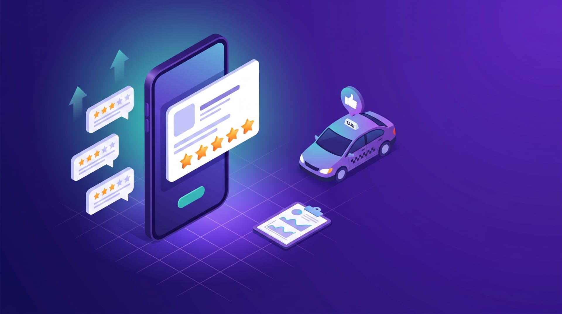 Isometric illustration of a phone showing an app listing with rating stars, review bubbles and a taxi car.