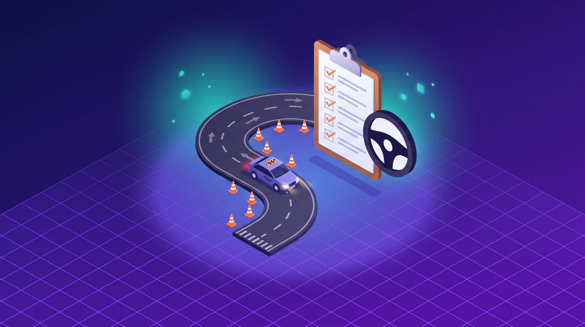 Isometric illustration of a taxi on a small course with cones, a clipboard with a checklist and a steering wheel.