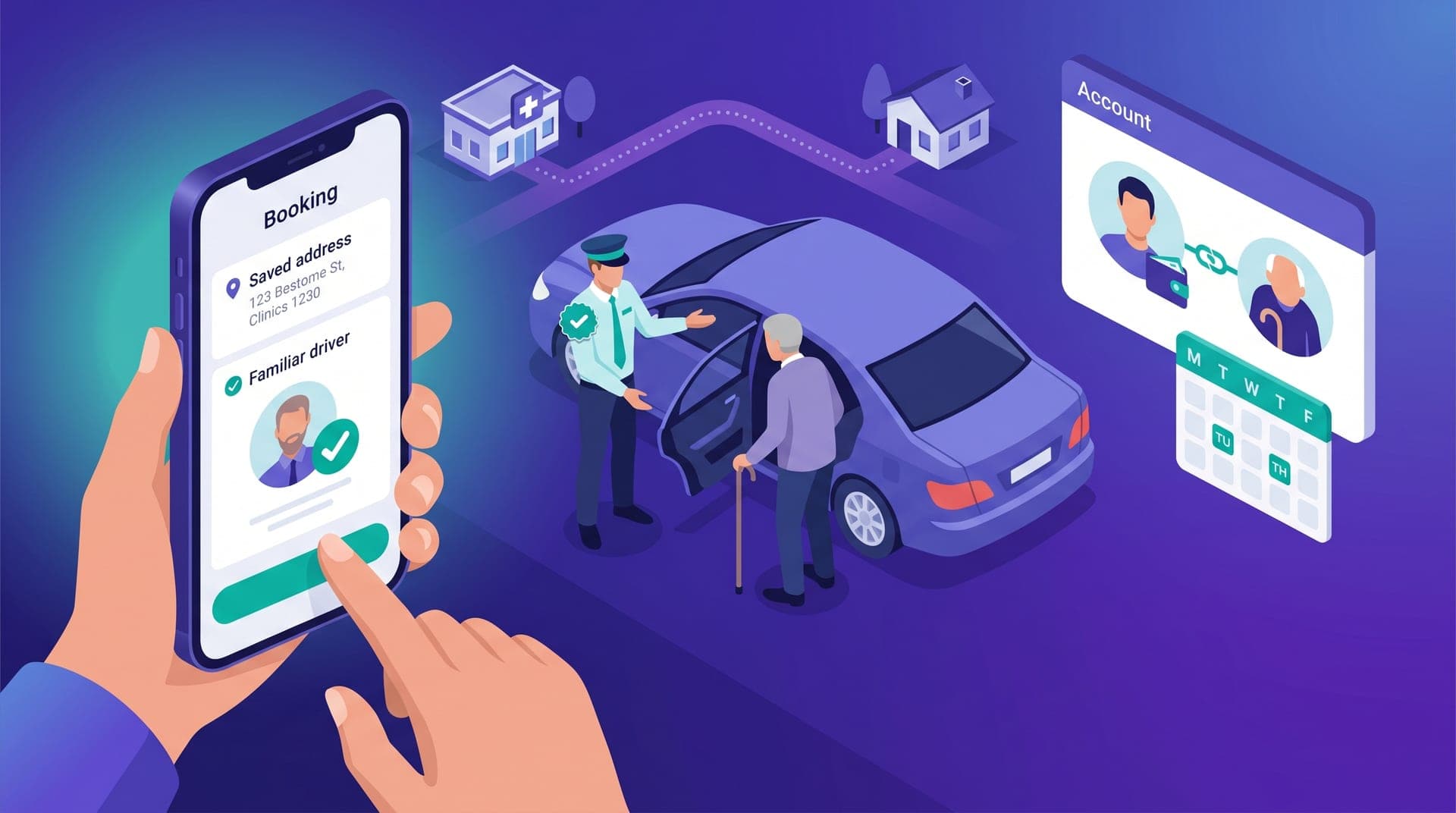 Ilustración isométrica de transporte para adultos mayores: un familiar configurando una reserva en su smartphone con una dirección de clínica guardada, un conductor con insignia de asignación preferente ayudando a un pasajero mayor con bastón a subir a un sedan, y un panel flotante mostrando dos perfiles vinculados — pagador familiar y pasajero adulto mayor — con un calendario de citas periódicas en verde azulado