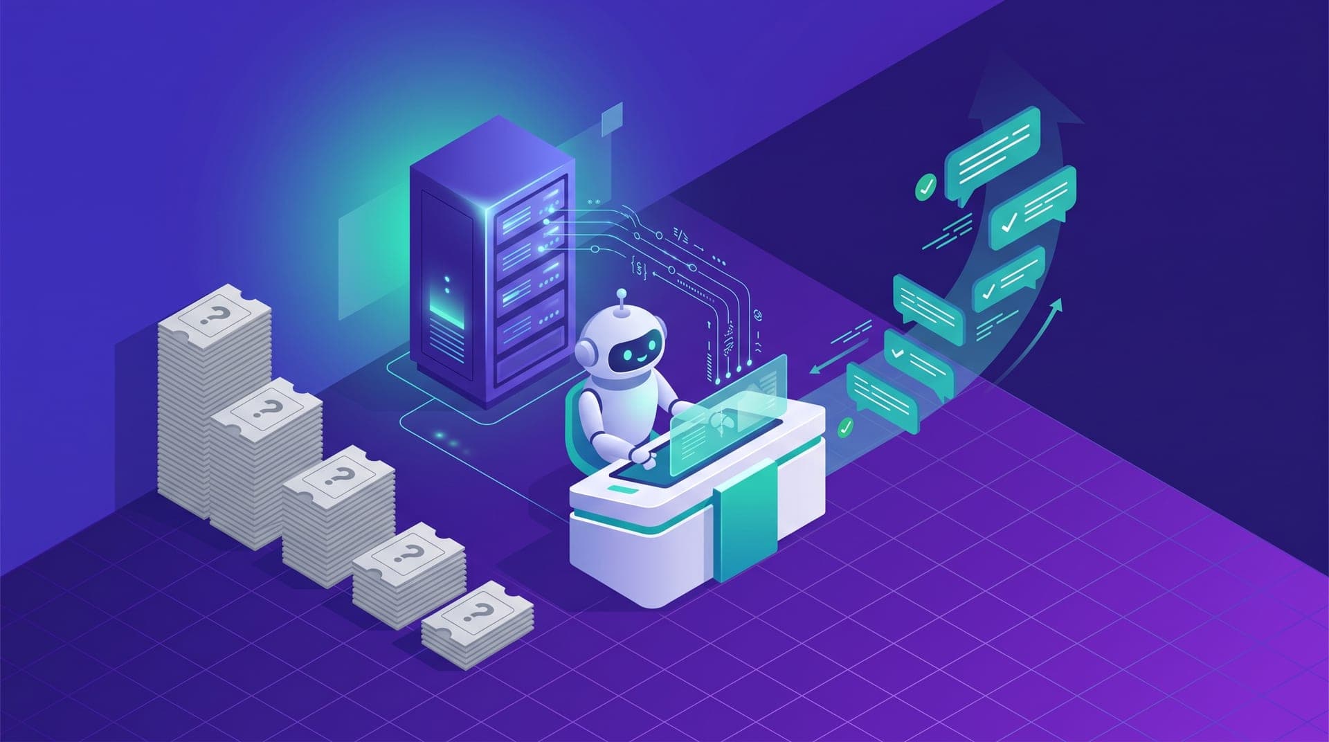 Isometric illustration of a robotic agent answering floating query bubbles, with a shrinking gray stack of support tickets on the left and a glowing MCP server in the background