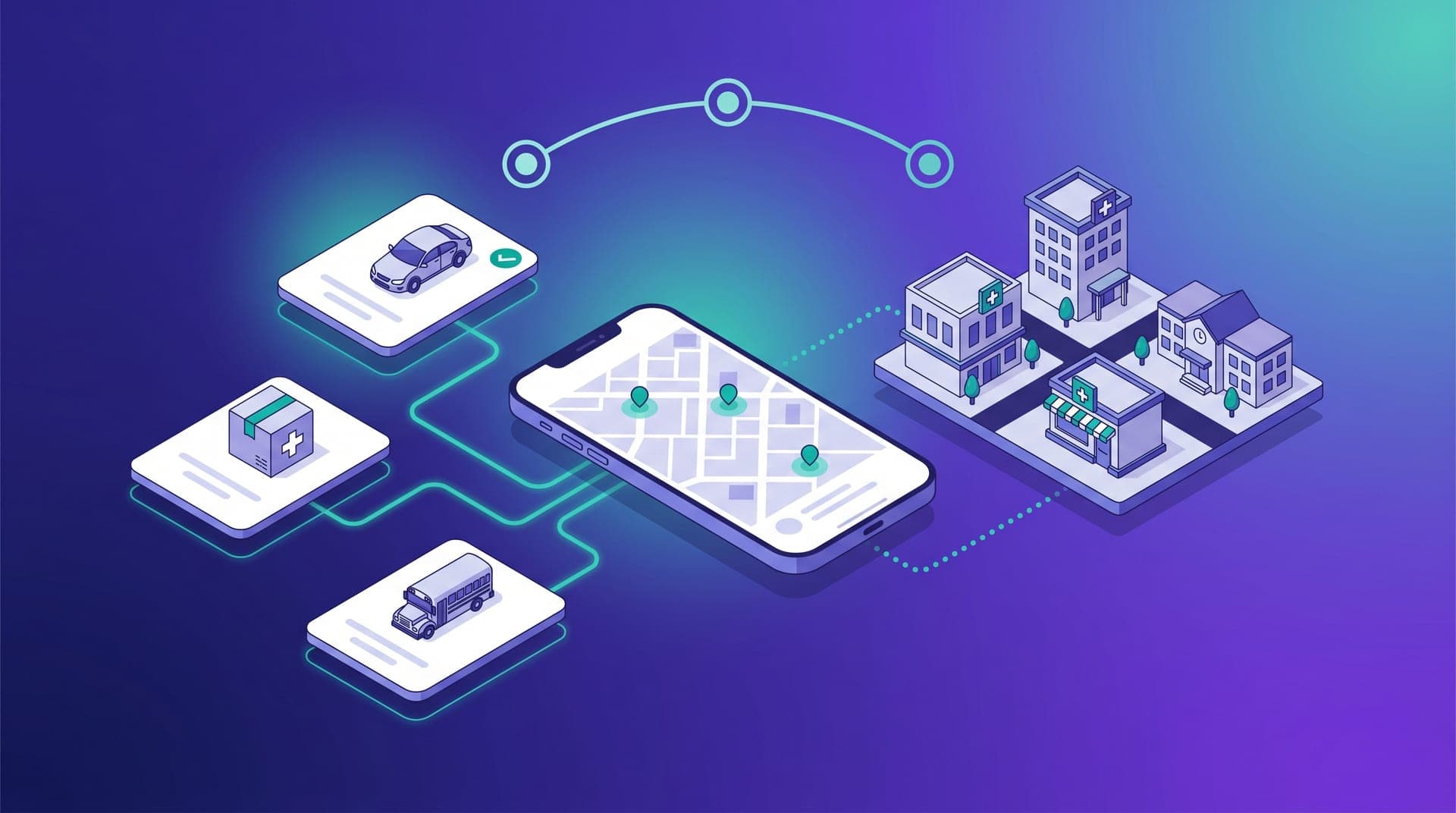Isometric illustration of a regional operator expanding their mobility platform into multiple services: central smartphone with a map and driver dots, three service cards — taxi, pharmacy delivery, school transport — connected by teal dispatch lines to a low-rise regional city with a hospital, pharmacy, and school
