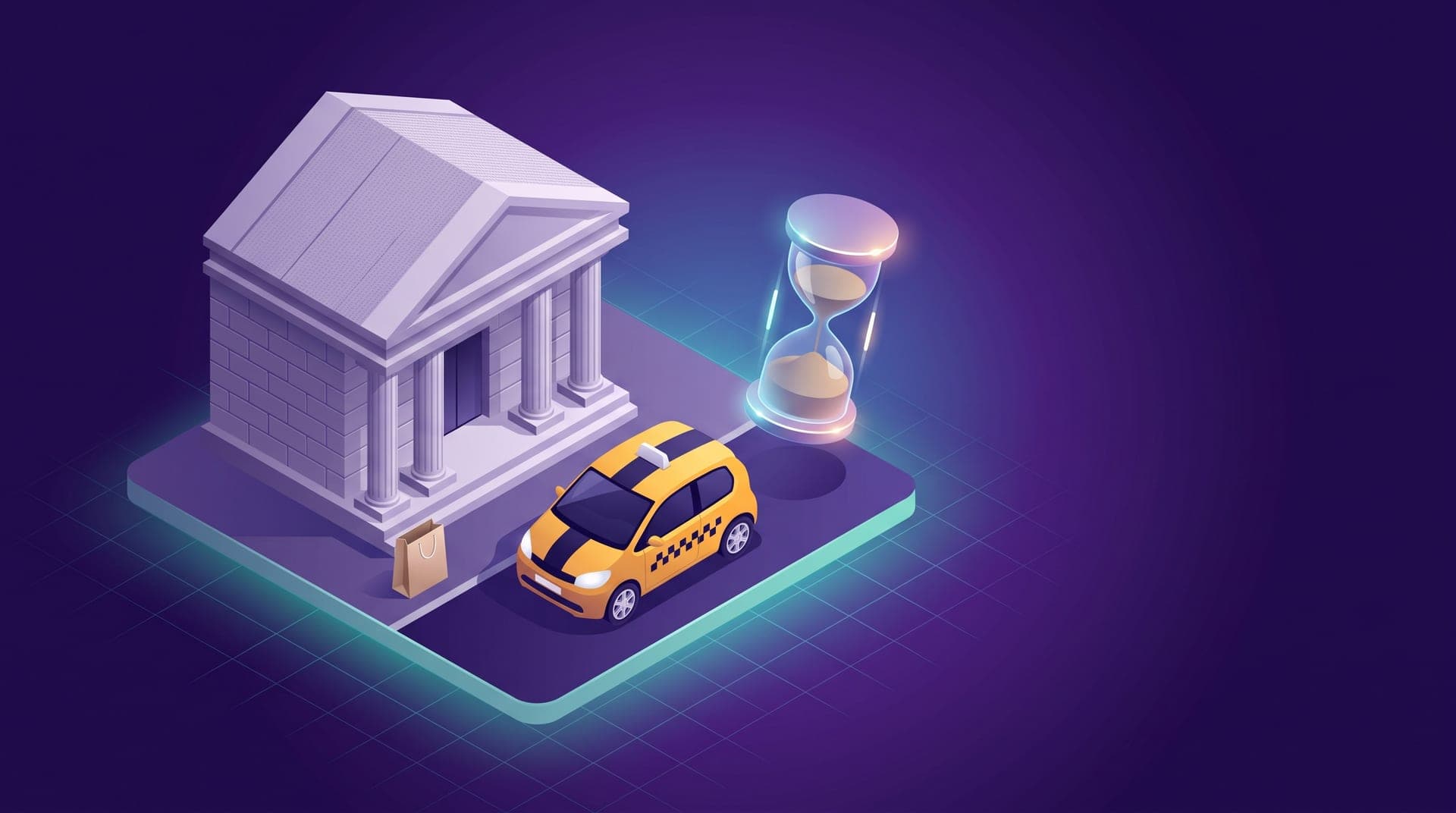Isometric illustration of a taxi parked outside a small bank, a large hourglass and a shopping bag.
