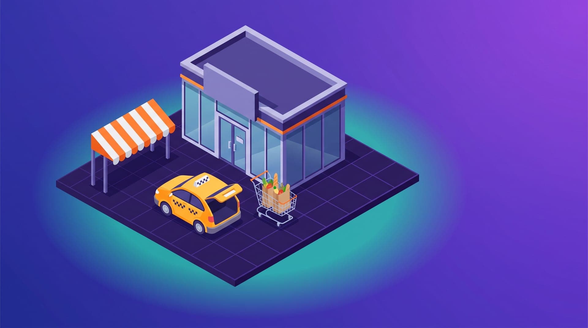 Isometric illustration of a supermarket, a taxi with its boot open, a trolley with shopping bags and a market stall awning.