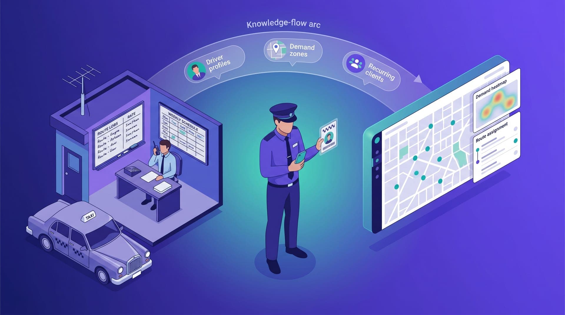 Isometric illustration contrasting traditional radio-taxi dispatch with a modern digital platform: on the left, a vintage sedan in front of a radio taxi base with rooftop antenna and dispatcher with handset; in the center, a driver holding a smartphone in one hand and a medallion card in the other; on the right, a digital dashboard with a demand heatmap and real-time driver dots in teal
