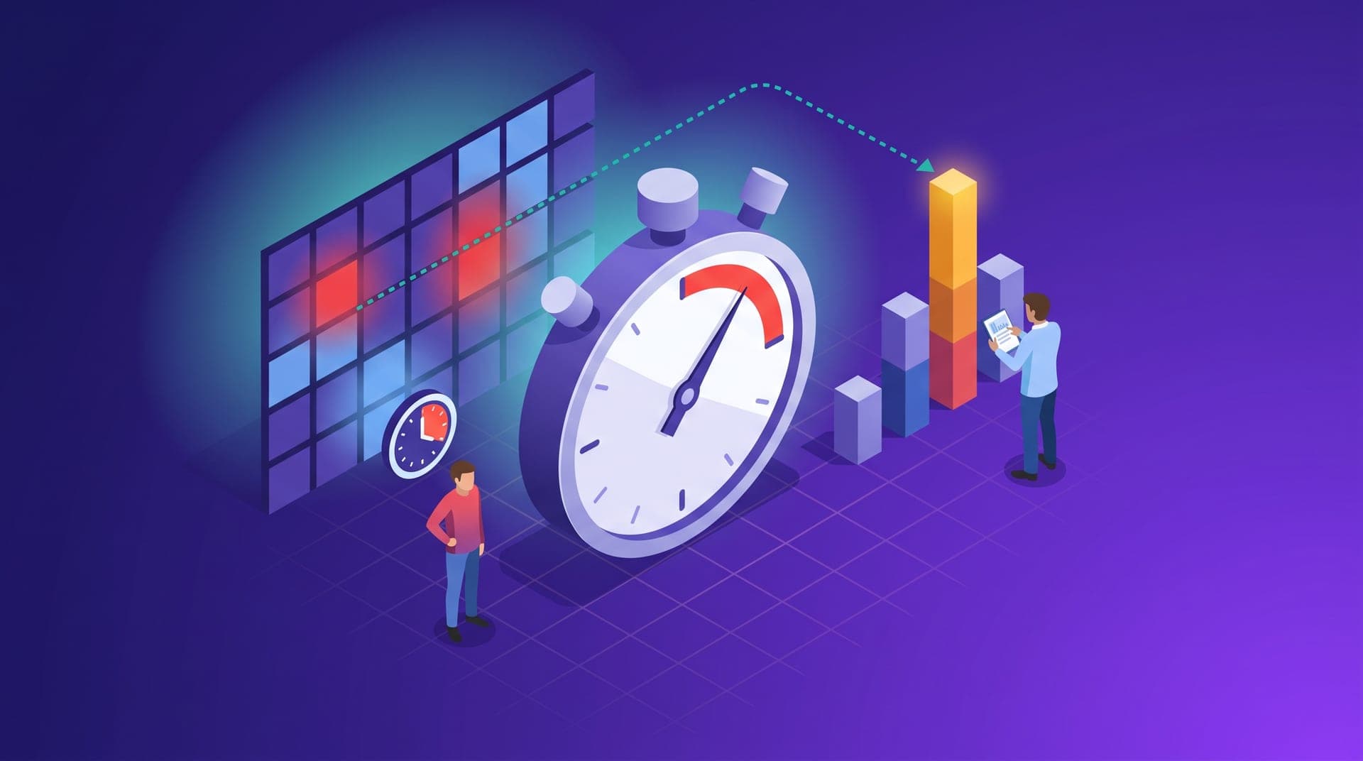 Isometric illustration of a passenger figure in a waiting pose with a large stopwatch dial in the foreground whose needle points just below a red threshold. In the background left, a city block grid with red and blue heat zones indicating uneven driver coverage. To the right, an operator figure examines a bar chart segmented by time band with the peak hour bar highlighted in amber