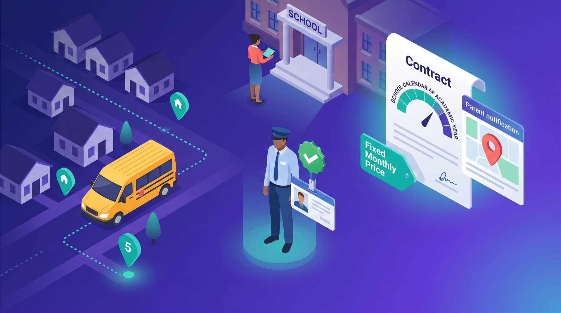 Isometric illustration of platform-managed school transportation: a school van with a pickup route mapped over a residential grid, a driver with a verification badge, and an annual contract panel showing a fixed monthly price and school year calendar