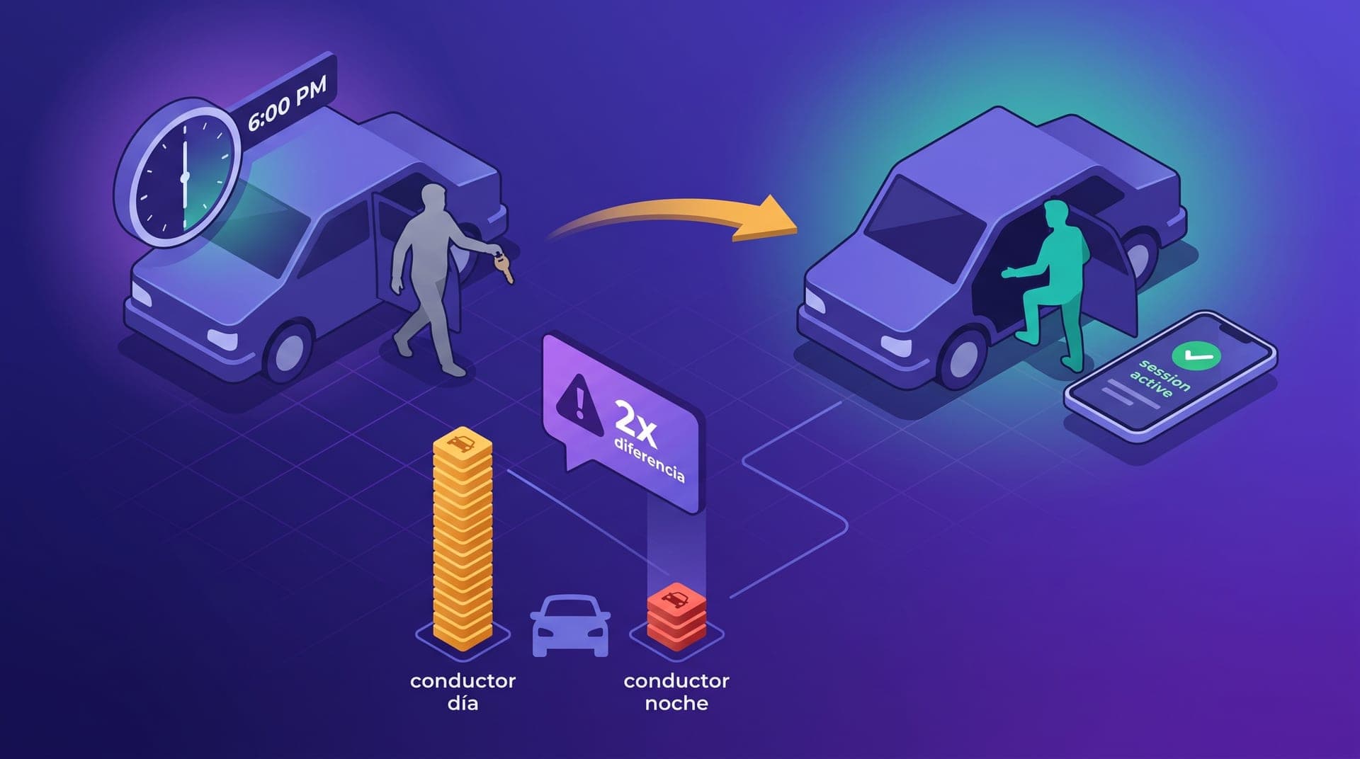 Split isometric illustration. Left: a muted gray driver exiting the vehicle with a clock showing '6:00 PM' and an amber handoff arrow curving right. Right: a teal driver entering the same vehicle with a smartphone showing an active session. Foreground: two trips-per-hour bars — 'conductor día' with 14 amber trip icons, 'conductor noche' with 3 red trip icons — under a shared vehicle icon, with a floating violet warning card.