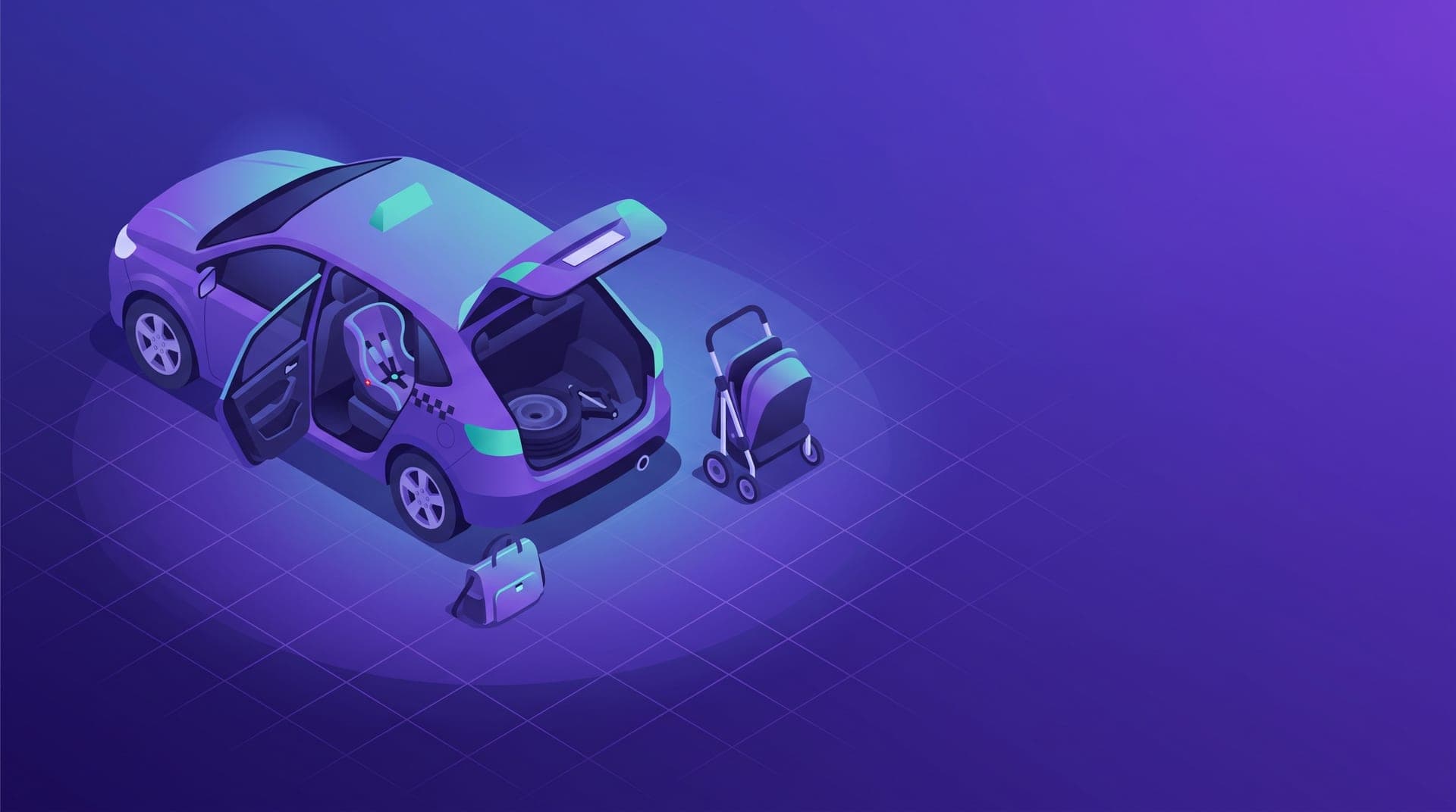 Ilustración isométrica de un taxi con la puerta trasera abierta, una silla infantil en el asiento, una carriola plegada y una pañalera.
