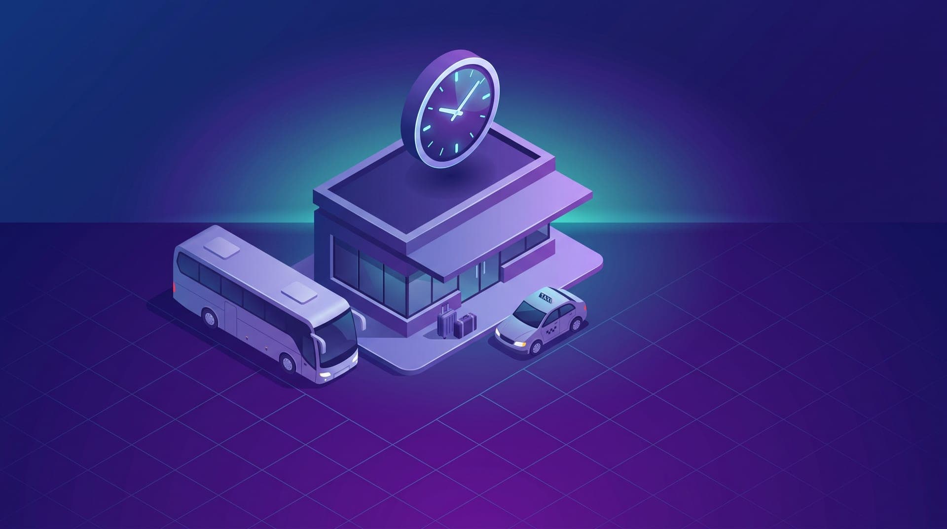 Isometric illustration of a bus station with a coach, a taxi at the entrance, suitcases and a clock.