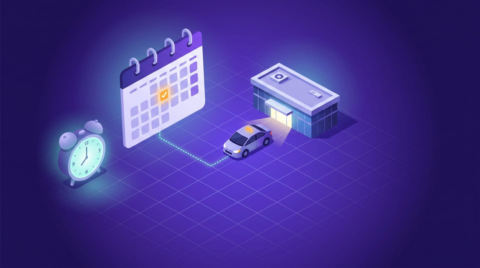 Isometric illustration of a calendar with a marked booking, an early-morning clock and a ride-hailing car waiting next to a terminal.