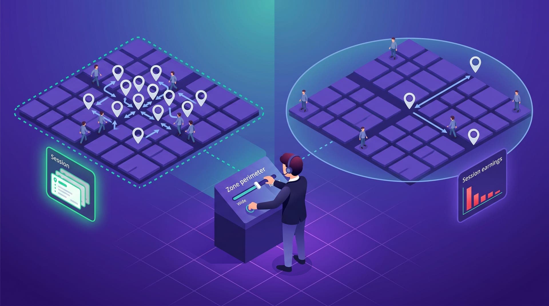 Isometric illustration split in two halves. On the left, a dense compact city grid with clustered trip markers and short route arrows between productive driver figures. On the right, the same grid with a much larger coverage circle, the same driver figures scattered far apart with few trip markers, and a session panel showing low earnings. In the center, an operator figure adjusts a zone perimeter slider on a configuration console