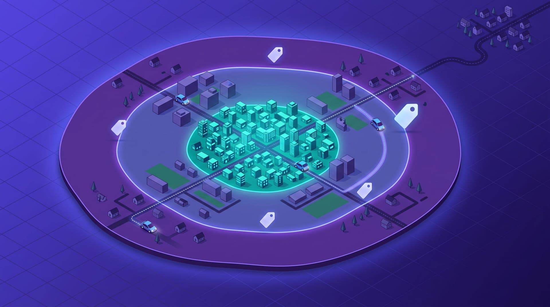 Isometric city map divided into three zone rings in different tones, with ride-hailing cars in each zone and price tags floating over the boundaries.